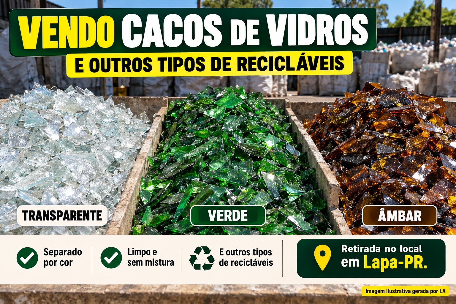 Cacos de vidros e outros tipos de recicláveis.