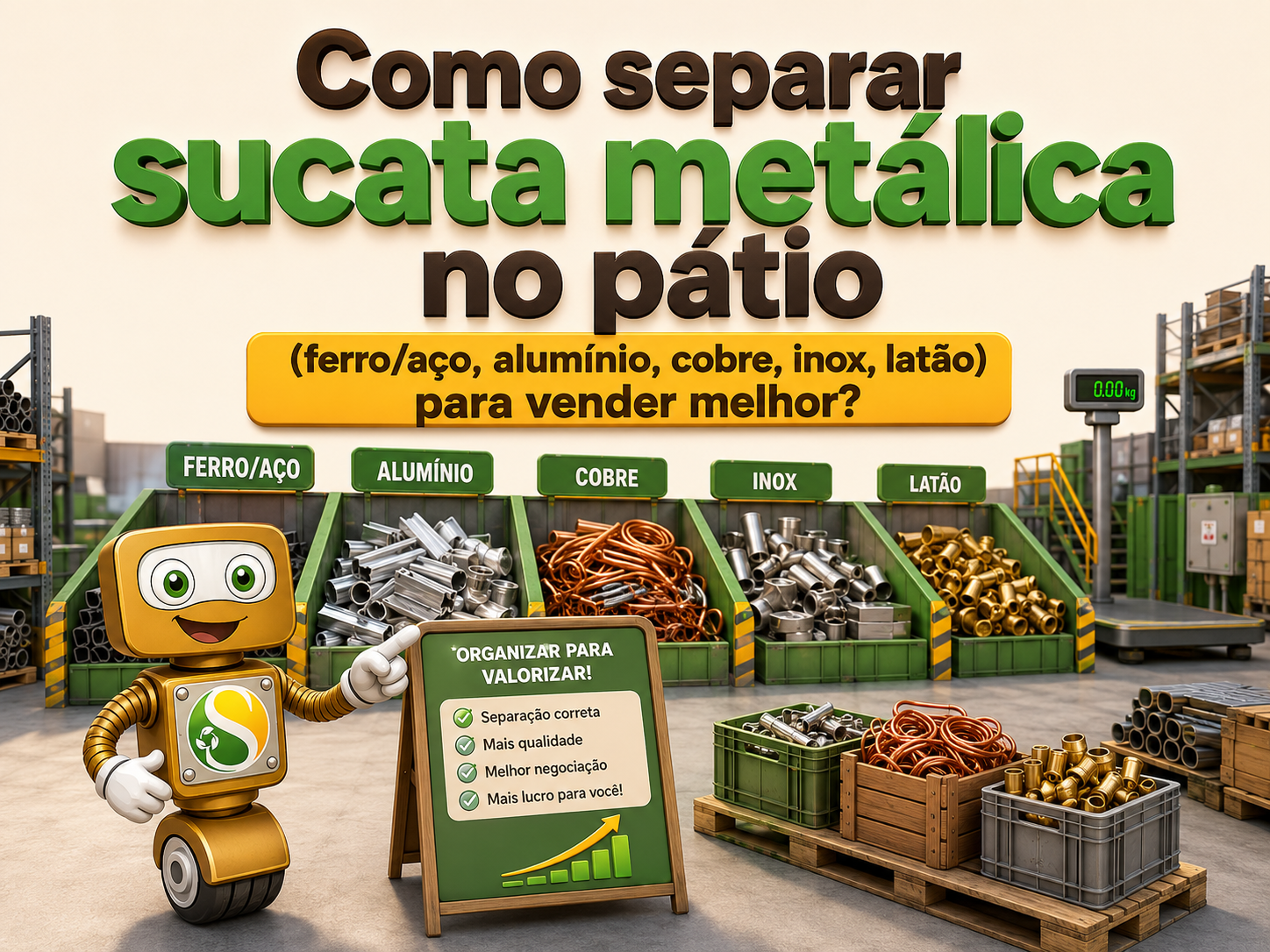 Como separar sucata metálica no pátio (ferro/aço, alumínio, cobre, inox, latão) para vender melhor?